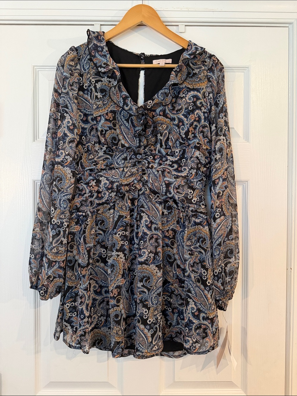 City Studio Macys Navy Paisley Long-Sleeve Ruffle Dress